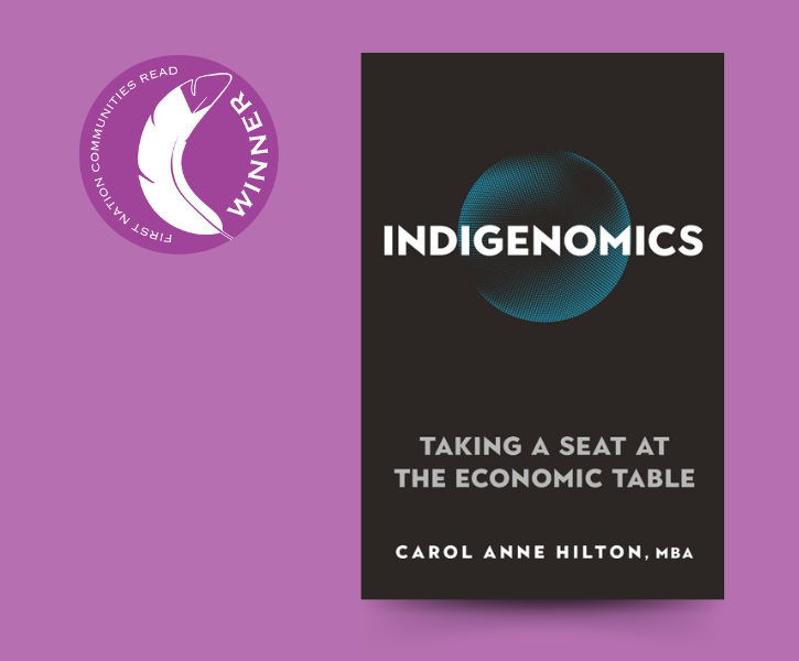 Indigenomics book cover on a purple background featuring the First Nations Communities Read Awards winner logo.